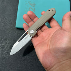 KUBEY KU321Q Royal CM Designs EDC Pocket Knife Front Flipper Tan G10 Handle 2.99" Stonewash 14C28N