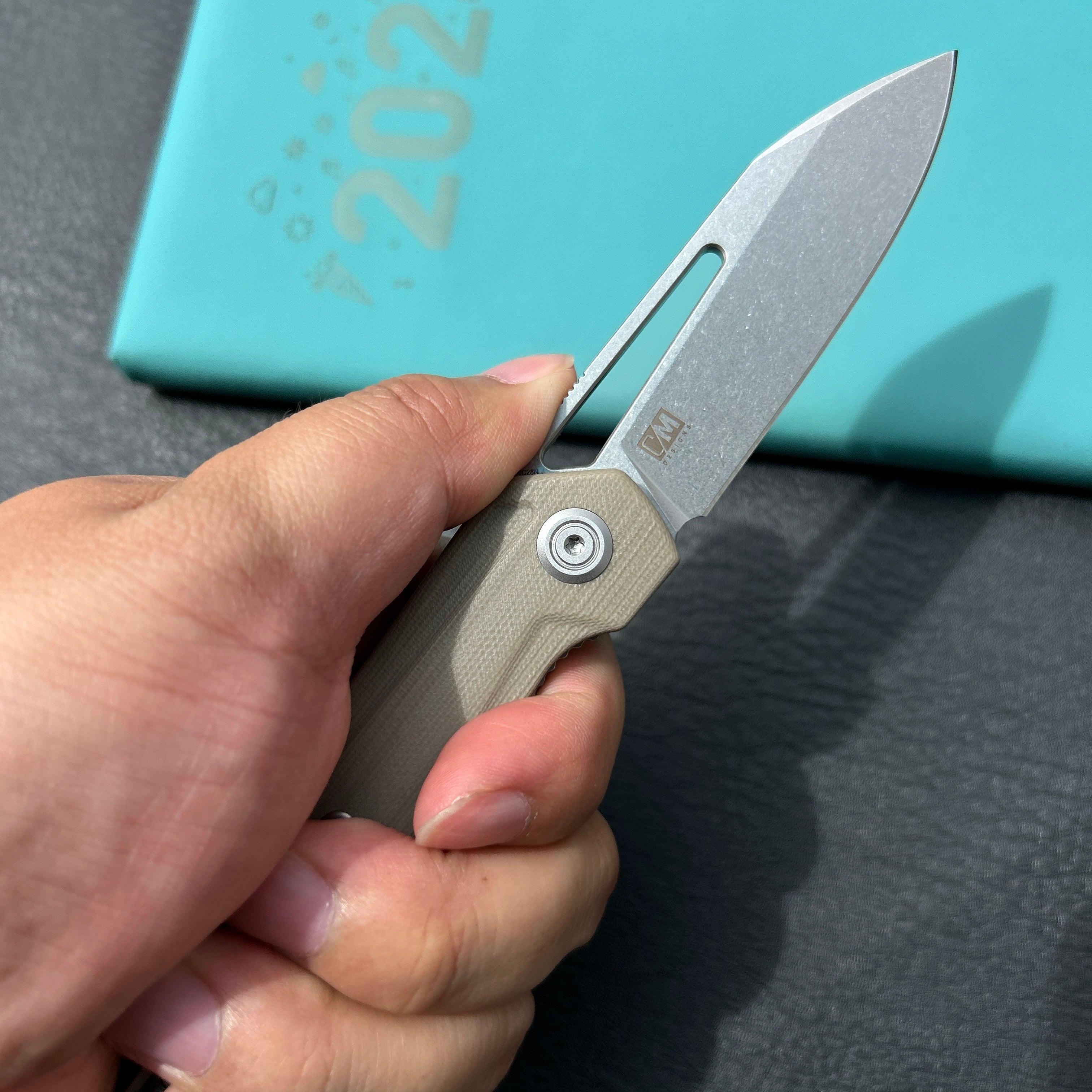 KUBEY KU321Q Royal CM Designs EDC Pocket Knife Front Flipper Tan G10 Handle 2.99" Stonewash 14C28N