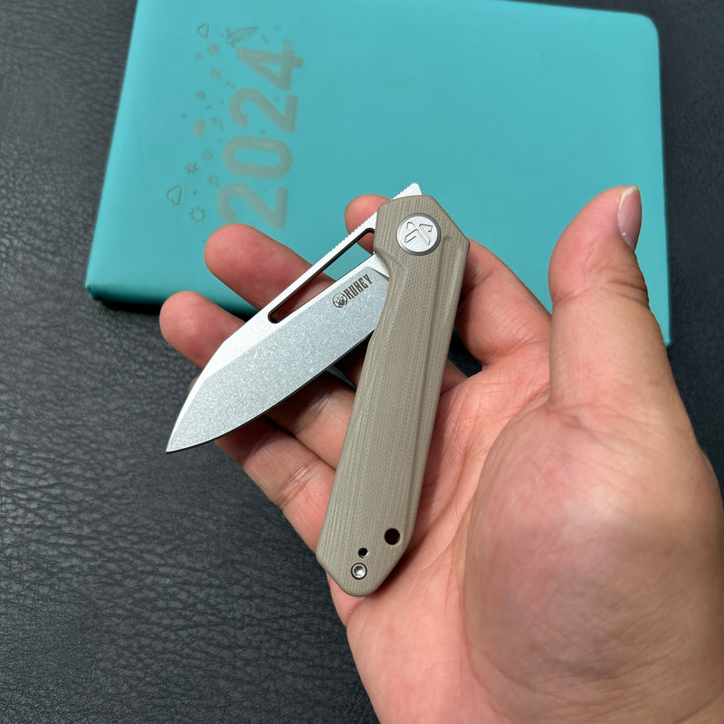 KUBEY KU321Q Royal CM Designs EDC Pocket Knife Front Flipper Tan G10 Handle 2.99" Stonewash 14C28N