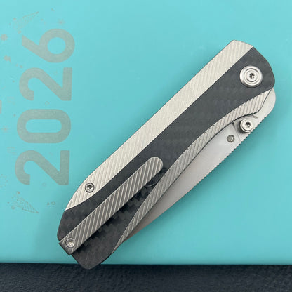 KB KNIVES KB431A  Zephyr Folding Pocket Knife Gray Titanium with Wave CF Inlay 4.65" Silver Beadblast M390