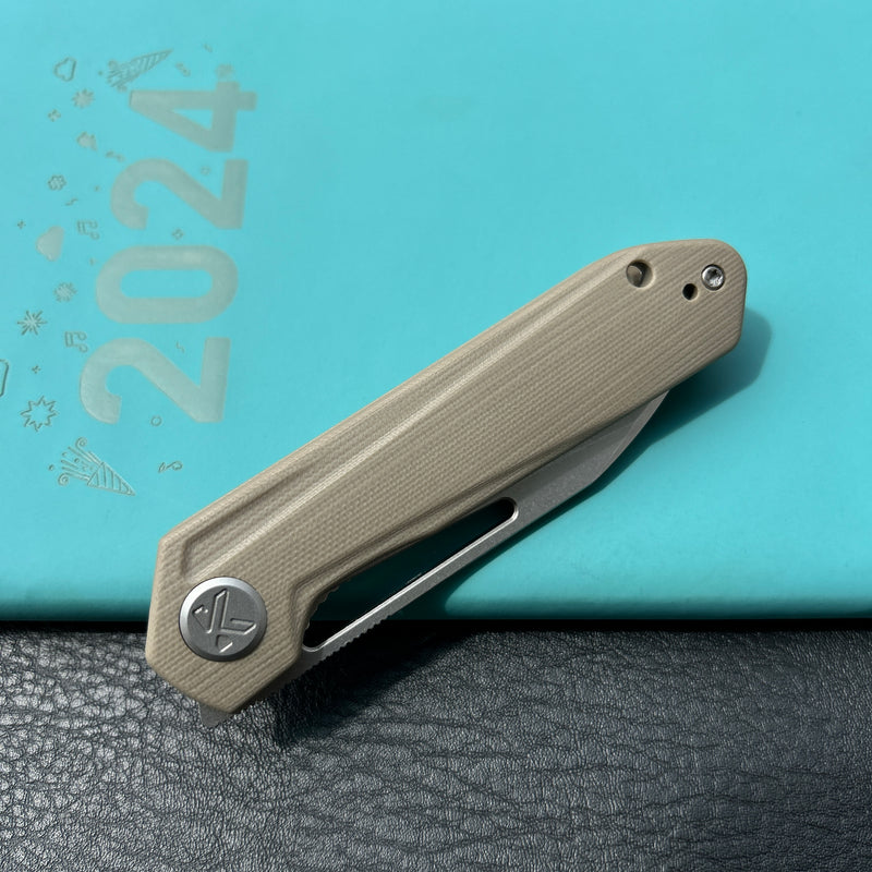 KUBEY KU321Q Royal CM Designs EDC Pocket Knife Front Flipper Tan G10 Handle 2.99" Stonewash 14C28N