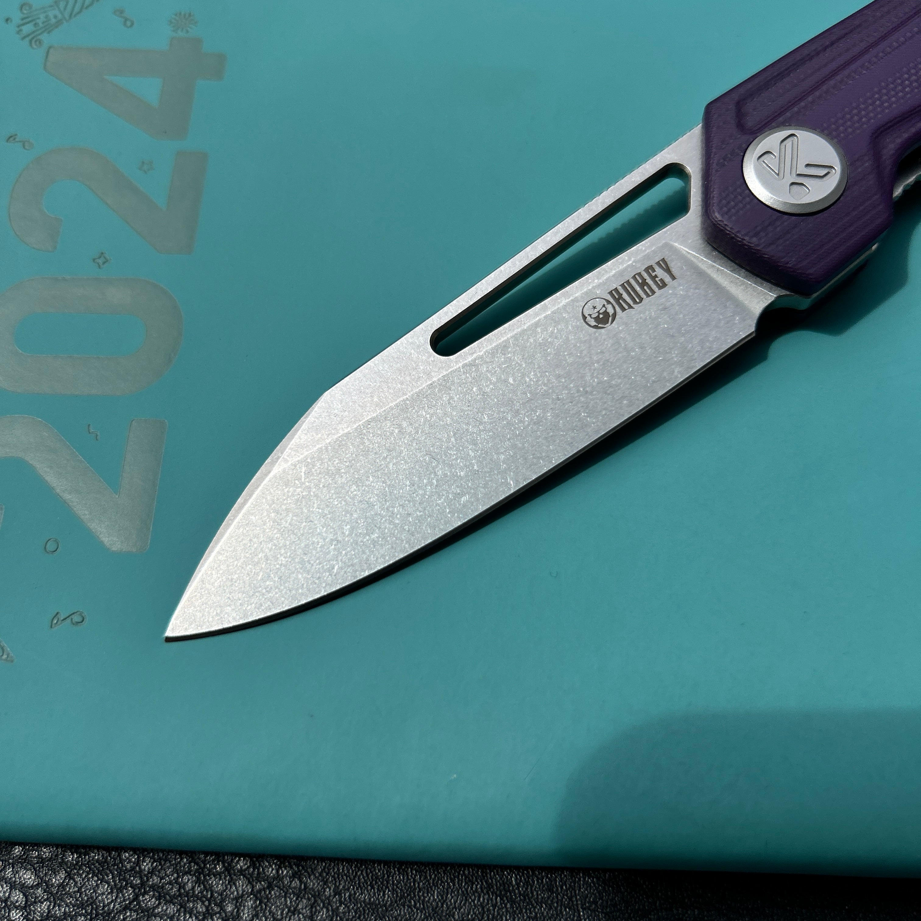 KUBEY KU321U Royal CM Designs EDC Pocket Knife Front Flipper Purple G10 Handle 2.99" Stonewash 14C28N