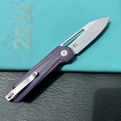 KUBEY KU321U Royal CM Designs EDC Pocket Knife Front Flipper Purple G10 Handle 2.99" Stonewash 14C28N