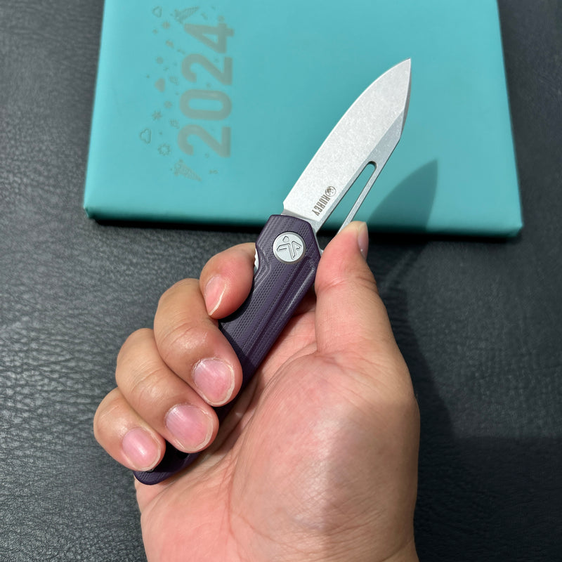 KUBEY KU321U Royal CM Designs EDC Pocket Knife Front Flipper Purple G10 Handle 2.99" Stonewash 14C28N