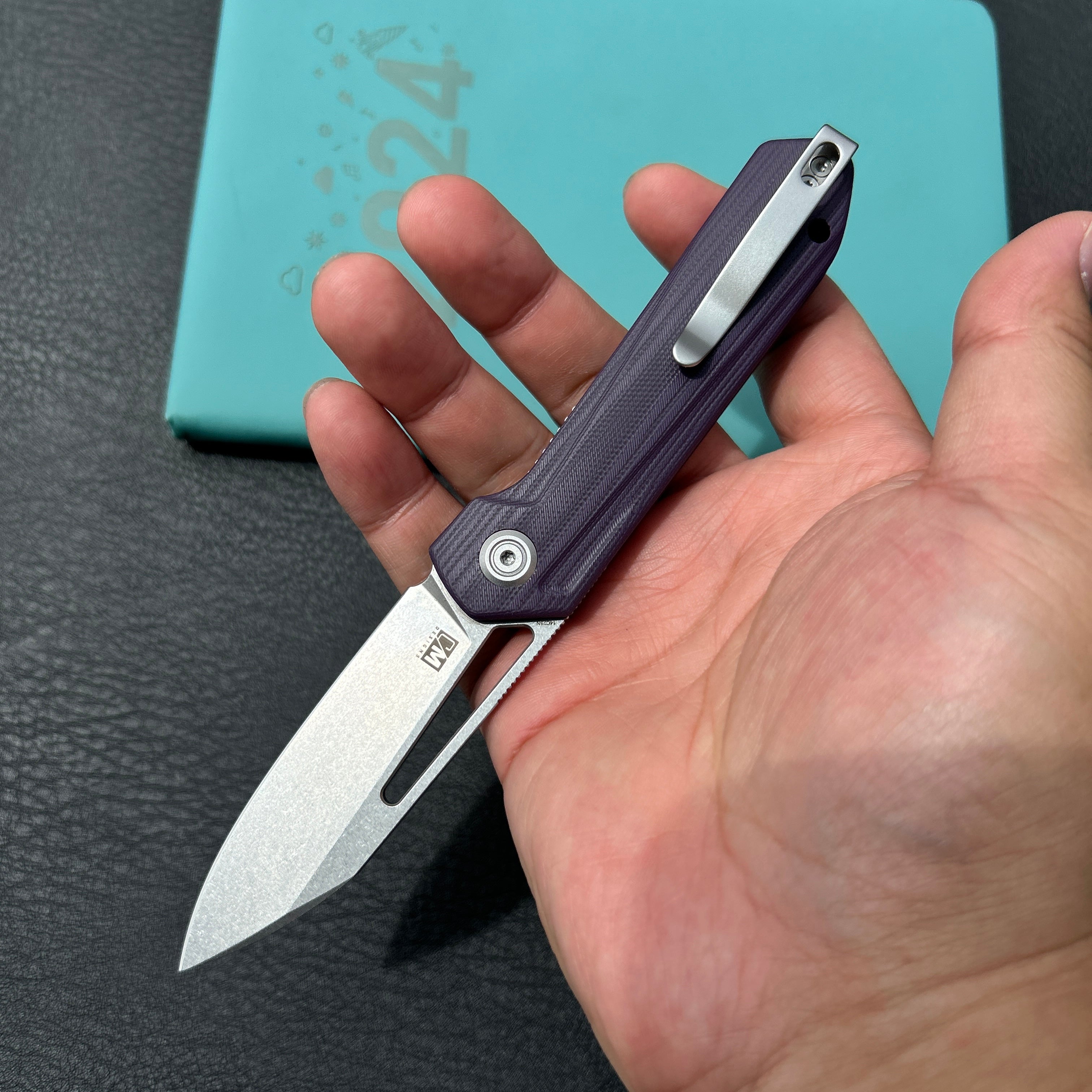 KUBEY KU321U Royal CM Designs EDC Pocket Knife Front Flipper Purple G10 Handle 2.99" Stonewash 14C28N