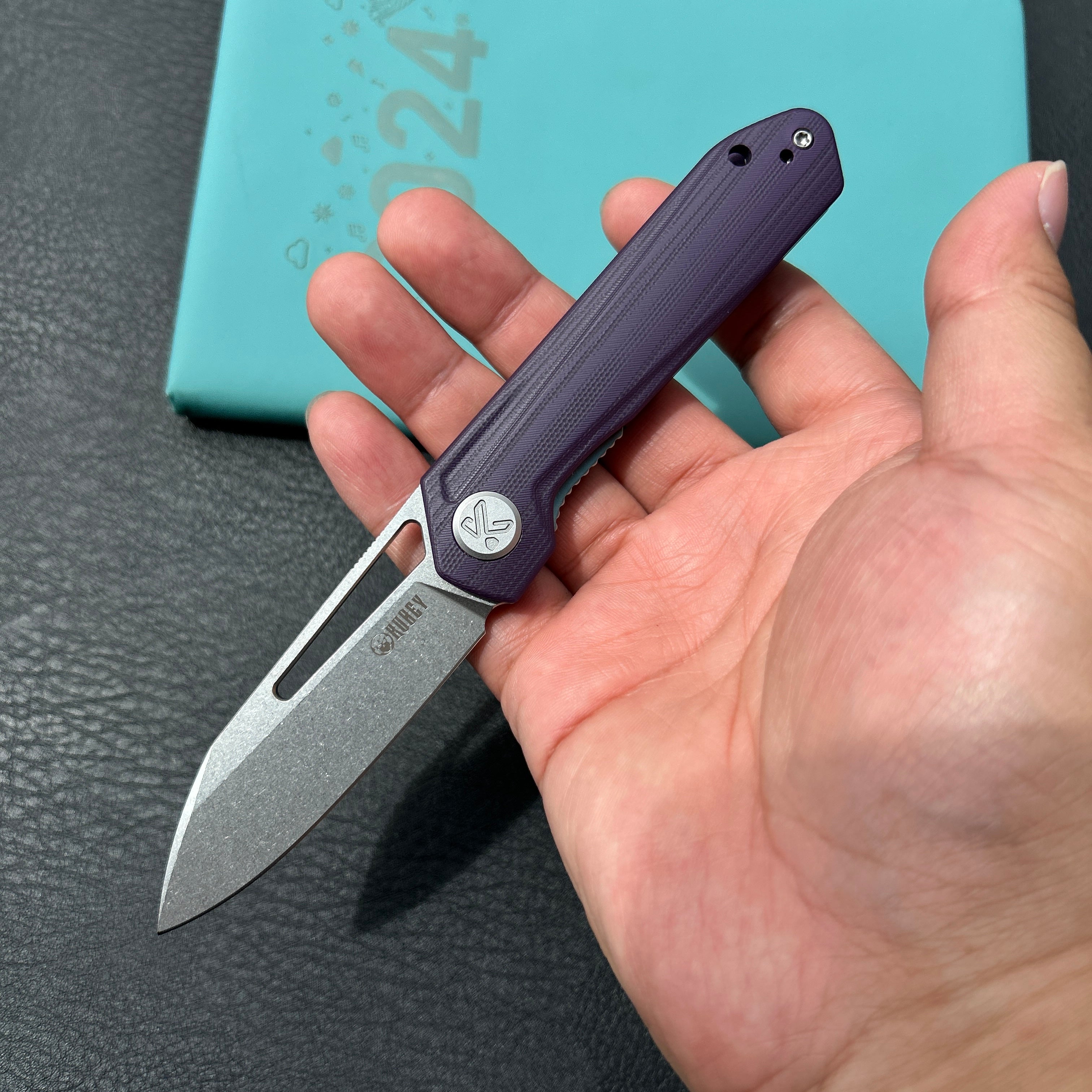 KUBEY KU321U Royal CM Designs EDC Pocket Knife Front Flipper Purple G10 Handle 2.99" Stonewash 14C28N