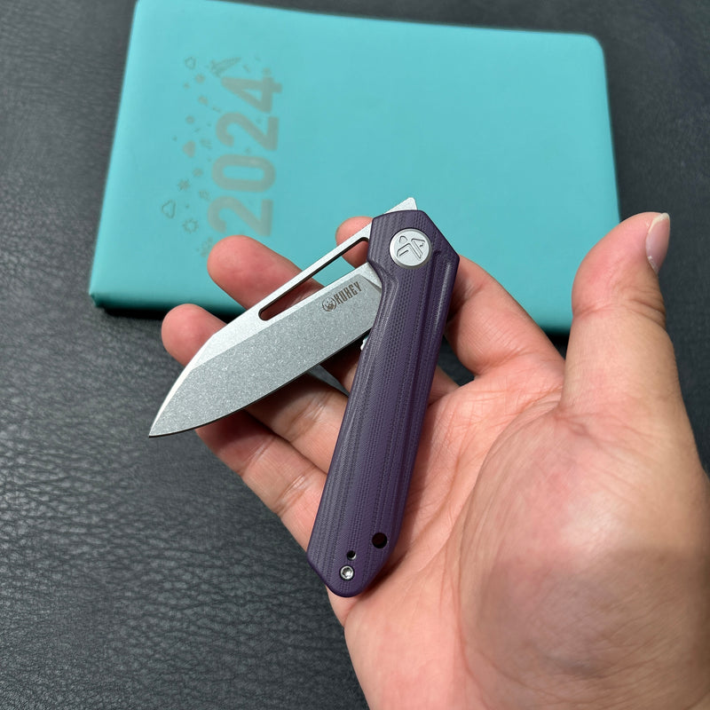 KUBEY KU321U Royal CM Designs EDC Pocket Knife Front Flipper Purple G10 Handle 2.99" Stonewash 14C28N