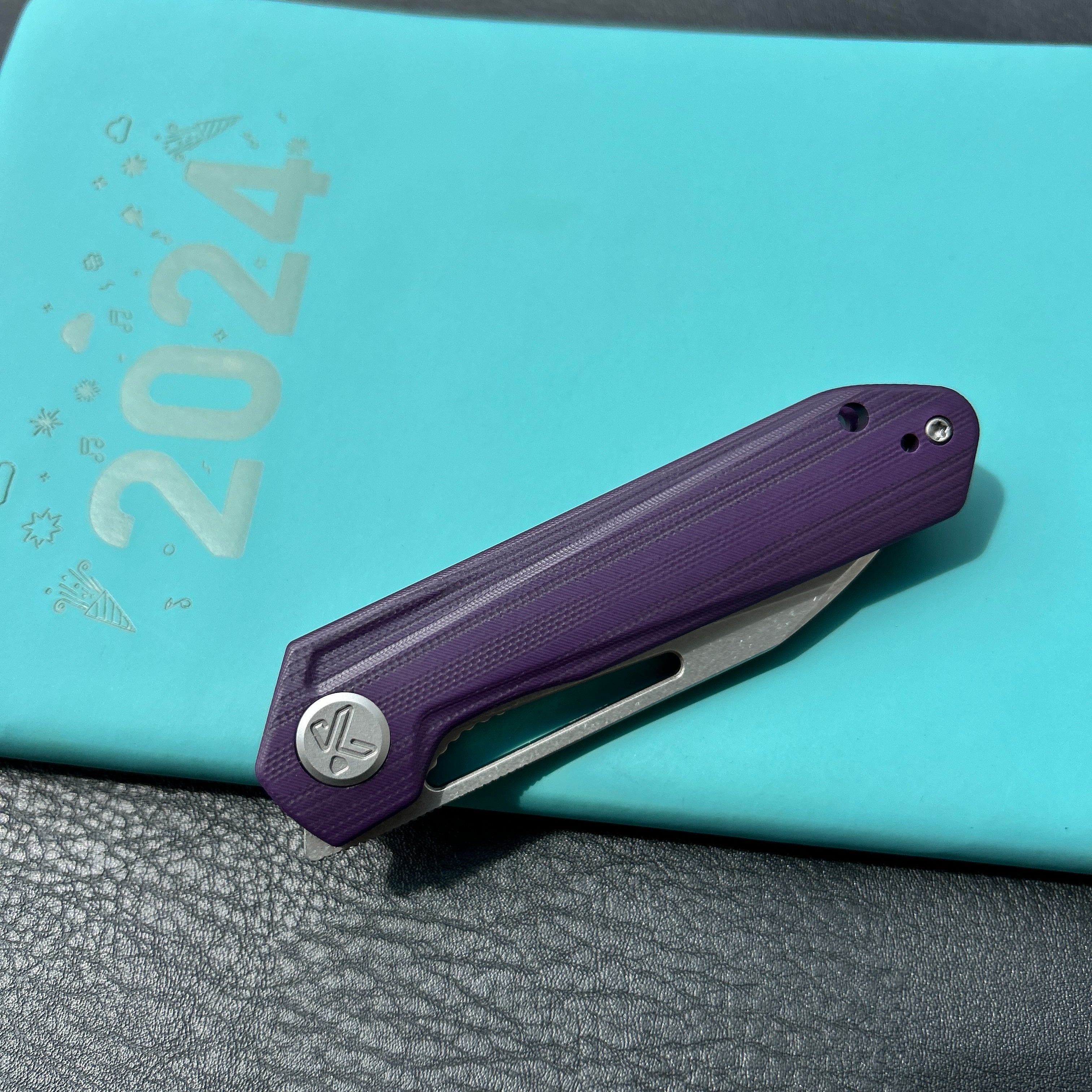 KUBEY KU321U Royal CM Designs EDC Pocket Knife Front Flipper Purple G10 Handle 2.99" Stonewash 14C28N