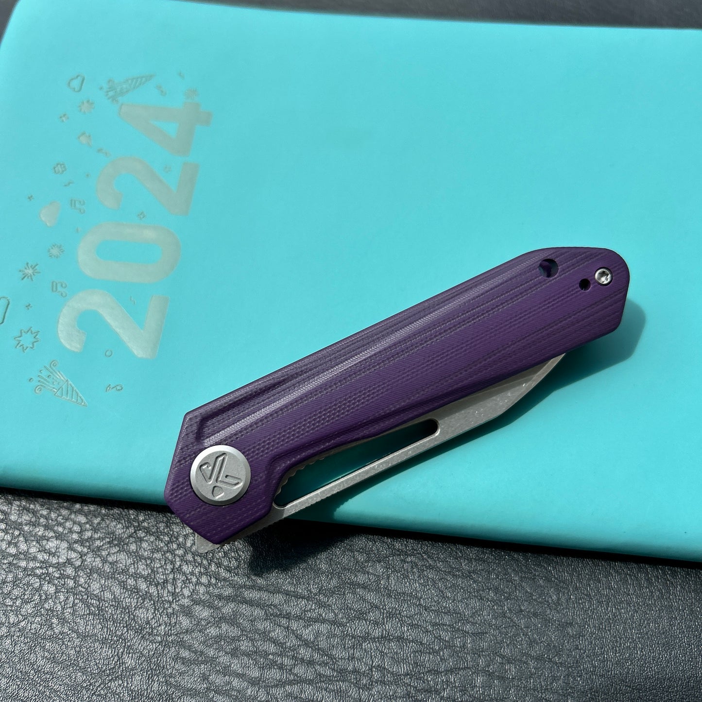 KUBEY KU321U Royal CM Designs EDC Pocket Knife Front Flipper Purple G10 Handle 2.99" Stonewash 14C28N