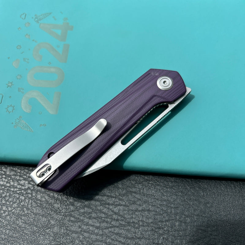 KUBEY KU321U Royal CM Designs EDC Pocket Knife Front Flipper Purple G10 Handle 2.99" Stonewash 14C28N