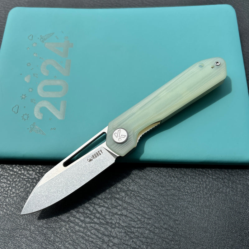 KUBEY KU321R Royal CM Designs EDC Pocket Knife Front Flipper Jade G10 Handle 2.99" Stonewash 14C28N