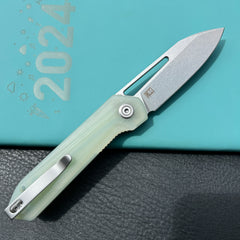 KUBEY KU321R Royal CM Designs EDC Pocket Knife Front Flipper Jade G10 Handle 2.99" Stonewash 14C28N