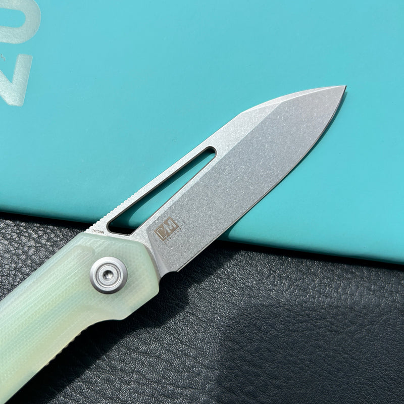 KUBEY KU321R Royal CM Designs EDC Pocket Knife Front Flipper Jade G10 Handle 2.99" Stonewash 14C28N