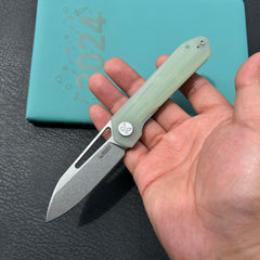 KUBEY KU321R Royal CM Designs EDC Pocket Knife Front Flipper Jade G10 Handle 2.99" Stonewash 14C28N