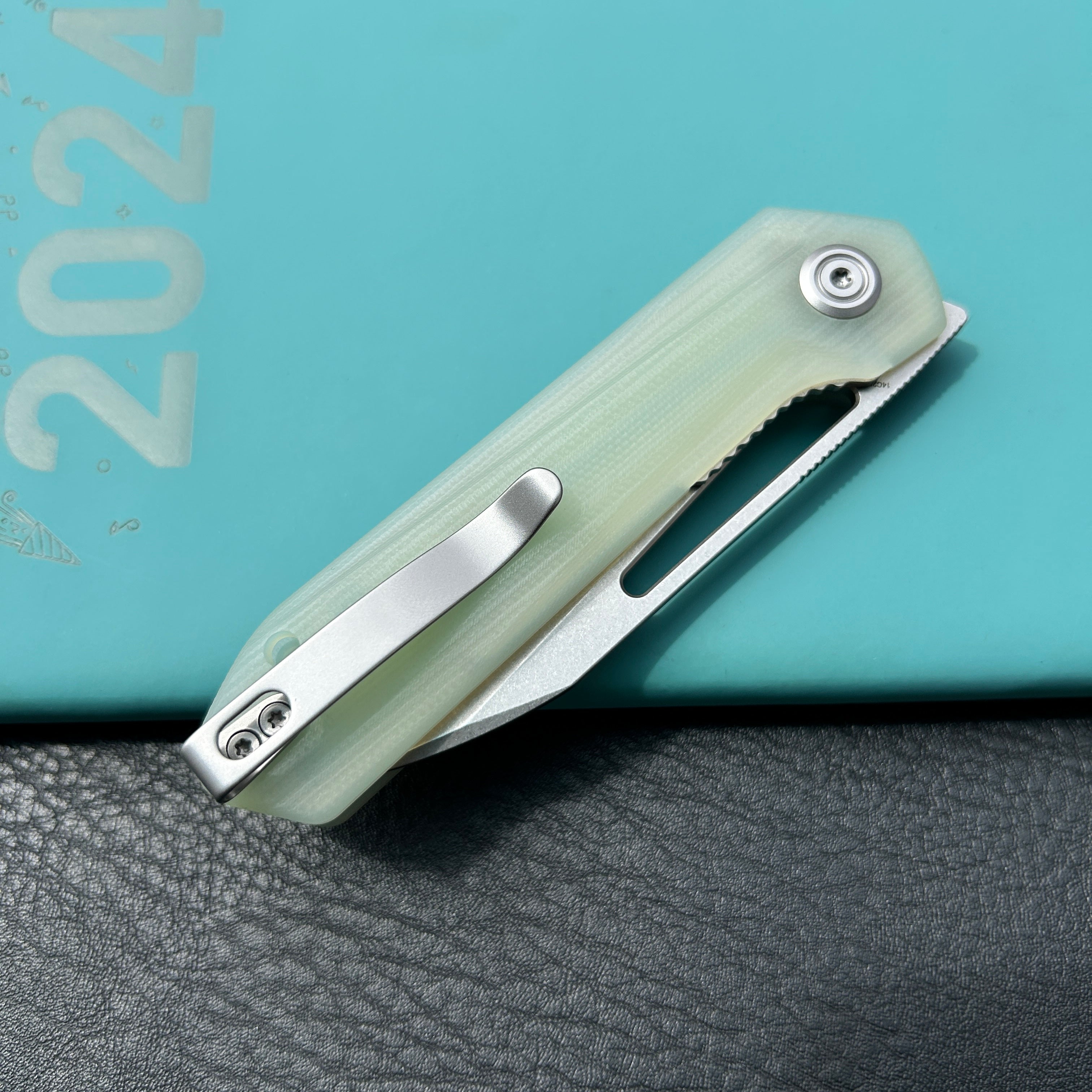 KUBEY KU321R Royal CM Designs EDC Pocket Knife Front Flipper Jade G10 Handle 2.99" Stonewash 14C28N