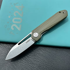 KUBEY KU321S Royal CM Designs EDC Pocket Knife Front Flipper Green G10 Handle 2.99" Stonewash 14C28N