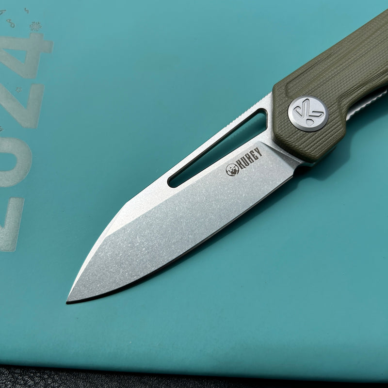 KUBEY KU321S Royal CM Designs EDC Pocket Knife Front Flipper Green G10 Handle 2.99" Stonewash 14C28N