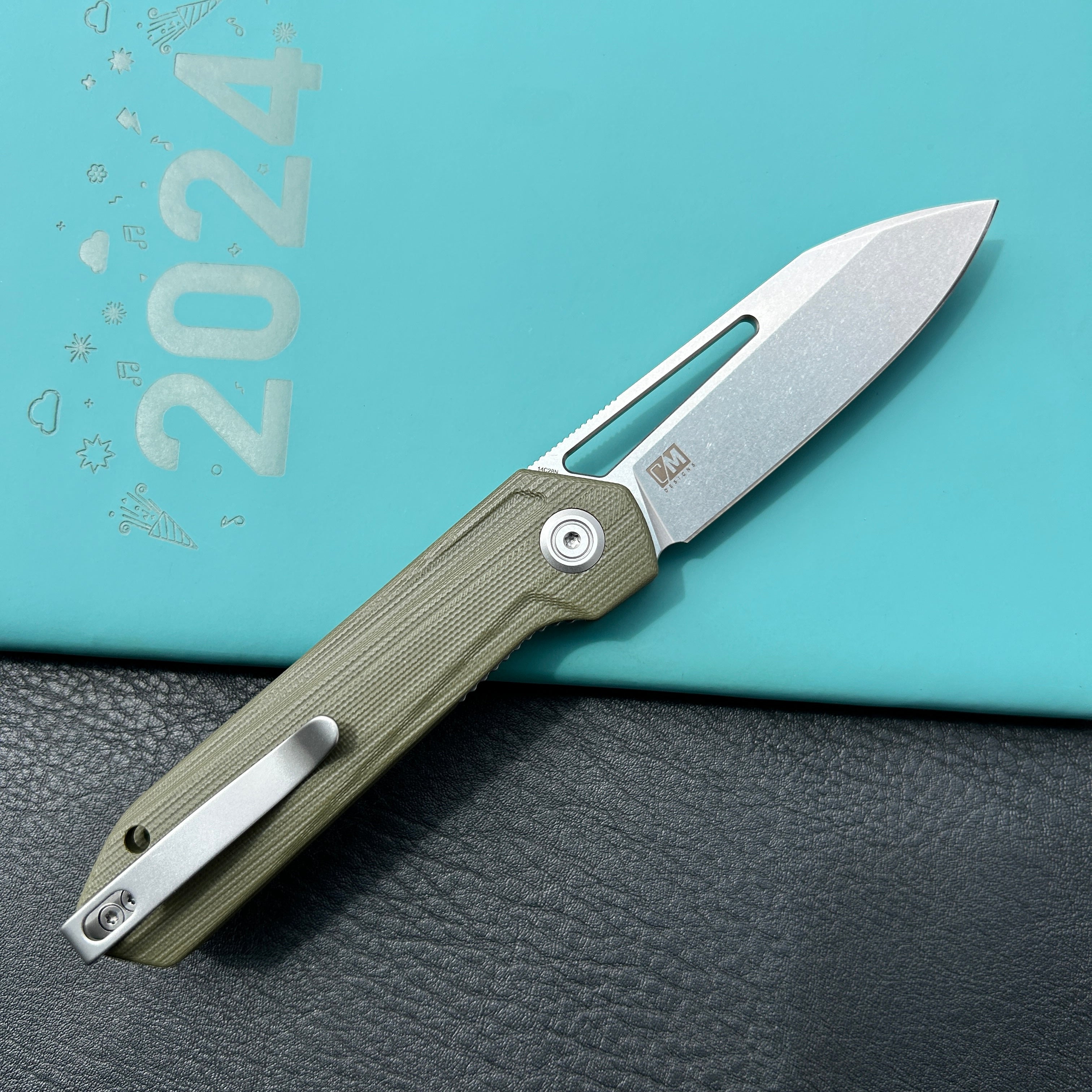 KUBEY KU321S Royal CM Designs EDC Pocket Knife Front Flipper Green G10 Handle 2.99" Stonewash 14C28N