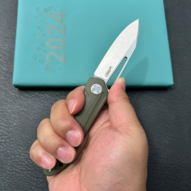 KUBEY KU321S Royal CM Designs EDC Pocket Knife Front Flipper Green G10 Handle 2.99" Stonewash 14C28N