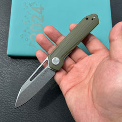 KUBEY KU321S Royal CM Designs EDC Pocket Knife Front Flipper Green G10 Handle 2.99" Stonewash 14C28N