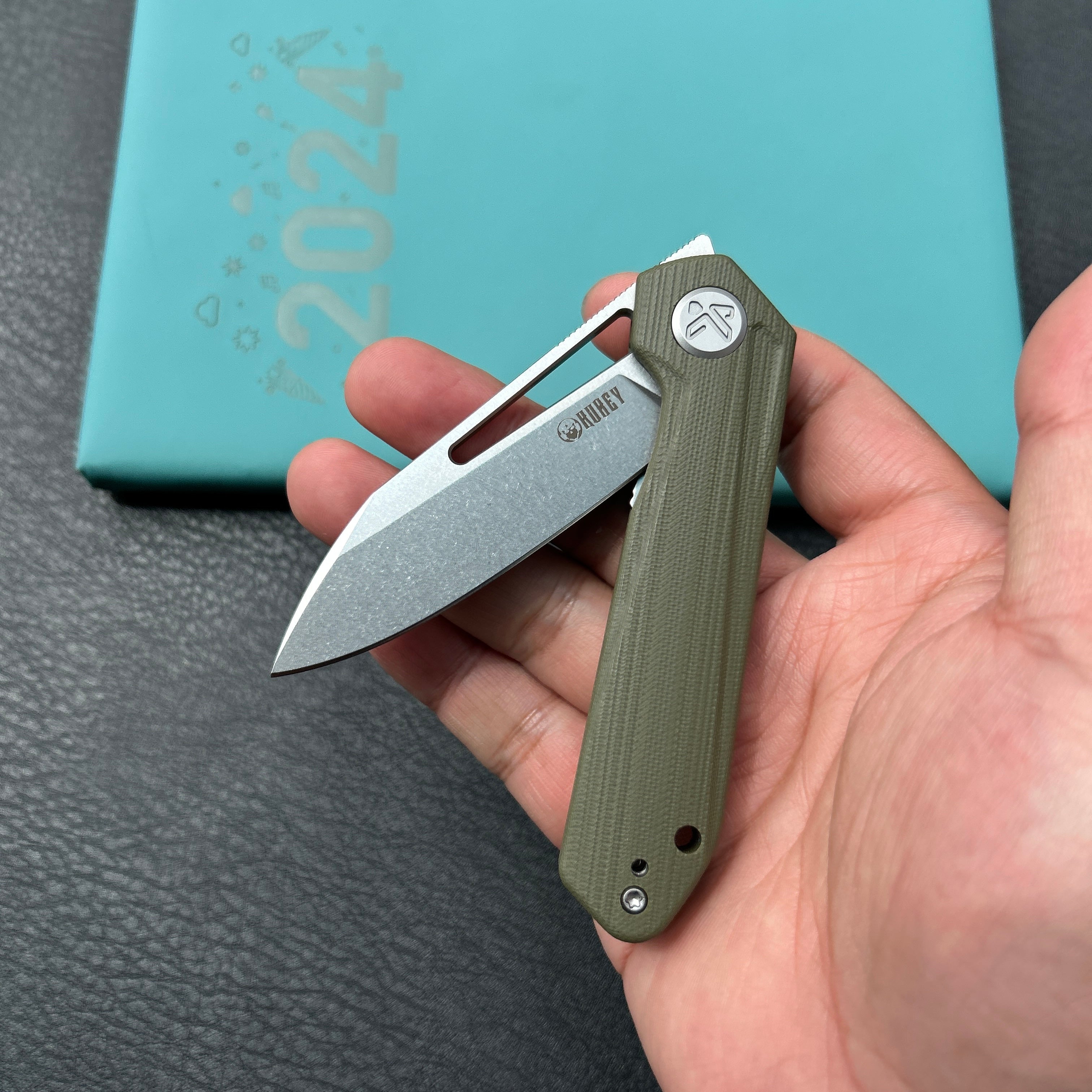 KUBEY KU321S Royal CM Designs EDC Pocket Knife Front Flipper Green G10 Handle 2.99" Stonewash 14C28N