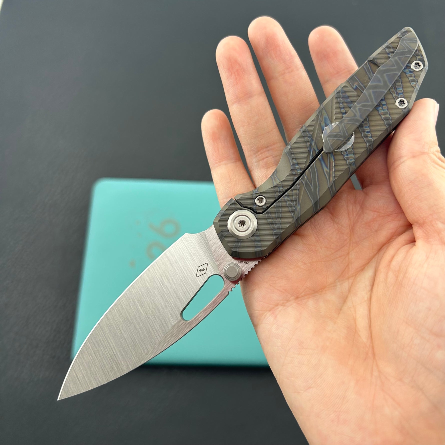 KB KNIVES KB457B Sear Thumb Stud Open Folding Pocket Knife Flamed Ti Micro Milling 2.99" Belt Satin S90V Blade