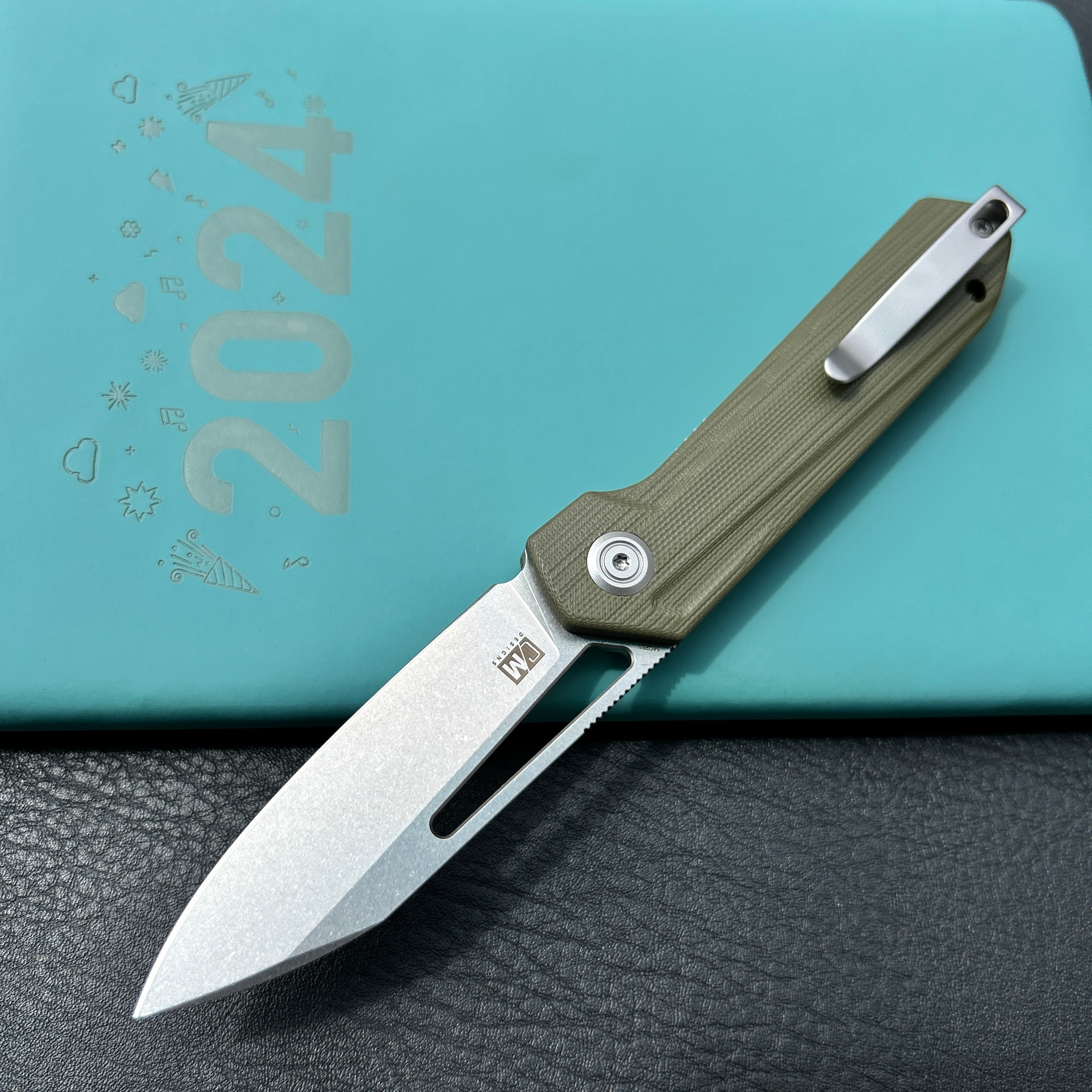 KUBEY KU321S Royal CM Designs EDC Pocket Knife Front Flipper Green G10 Handle 2.99" Stonewash 14C28N