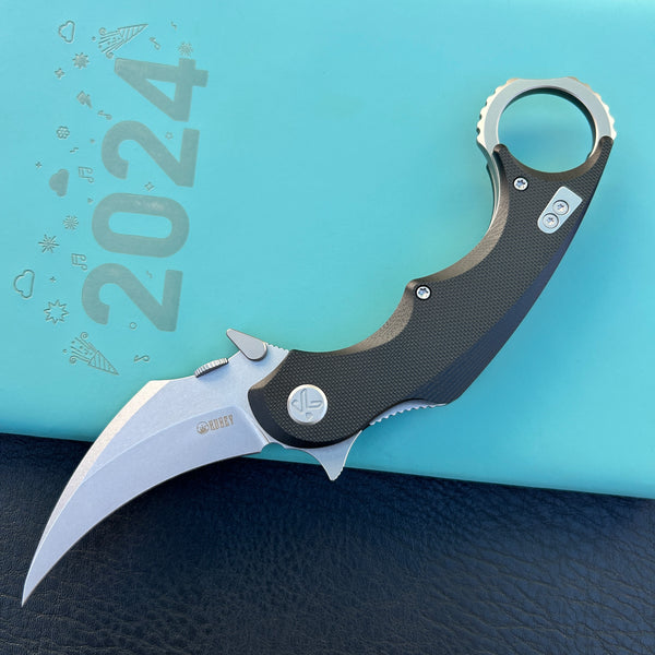 KUBEY KU298A Rogue Recurve Karambit Folding Knife Black G10 Handle 2.91" Stonewash 14C28N Blade