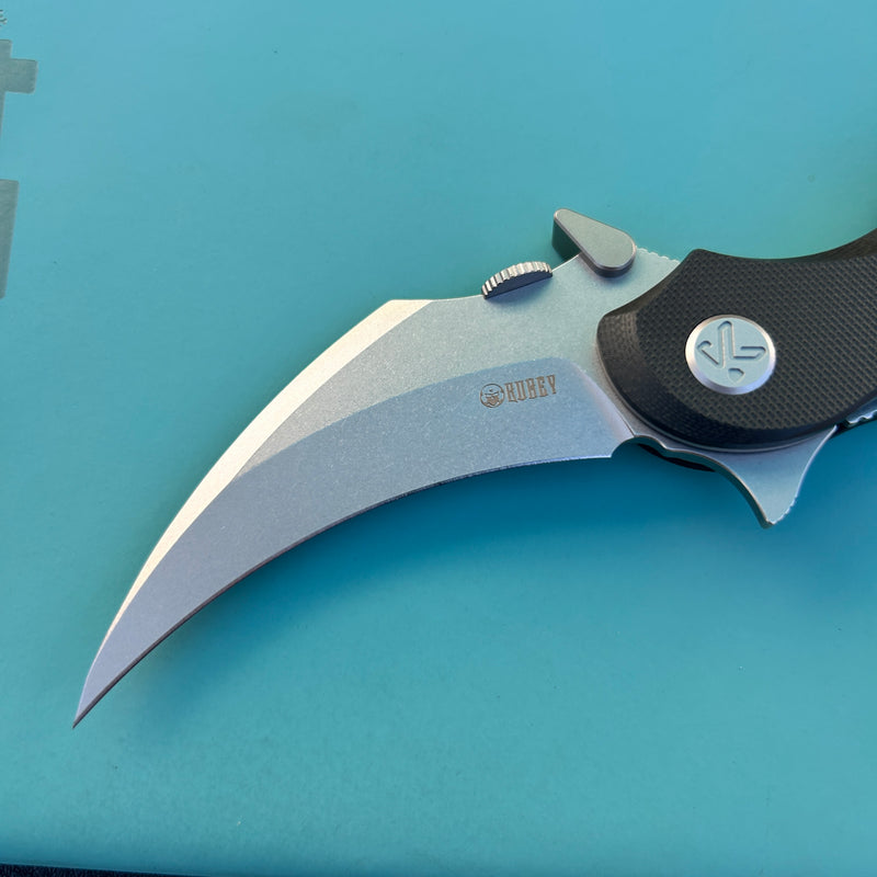 KUBEY KU298A Rogue Recurve Karambit Folding Knife Black G10 Handle 2.91" Stonewash 14C28N Blade