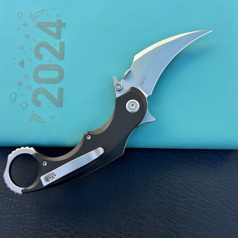 KUBEY KU298A Rogue Recurve Karambit Folding Knife Black G10 Handle 2.91" Stonewash 14C28N Blade