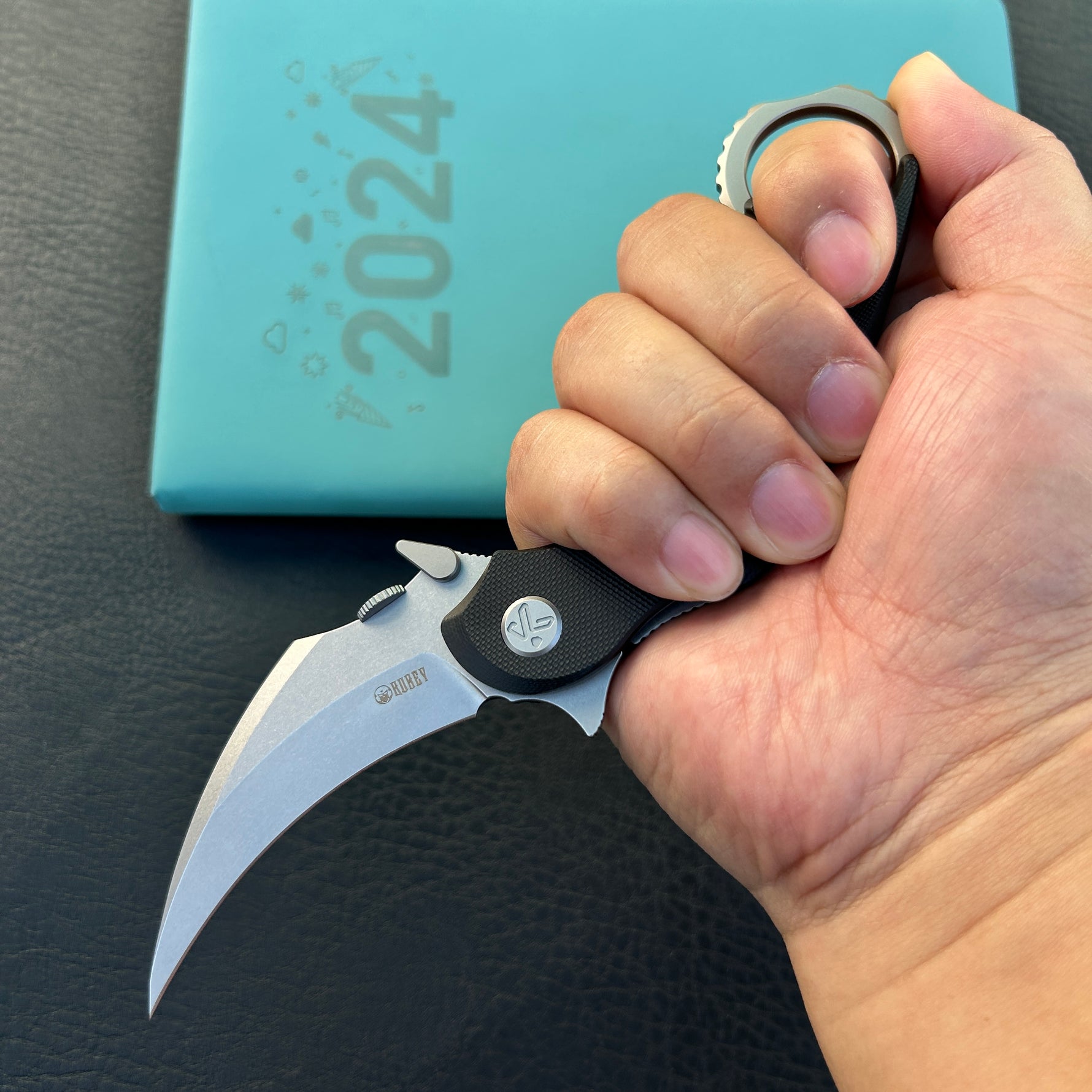 KUBEY knife KU298A Rogue Recurve Karambit Folding Knife Black G10 Handle 2.91" Stonewash 14C28N Blade