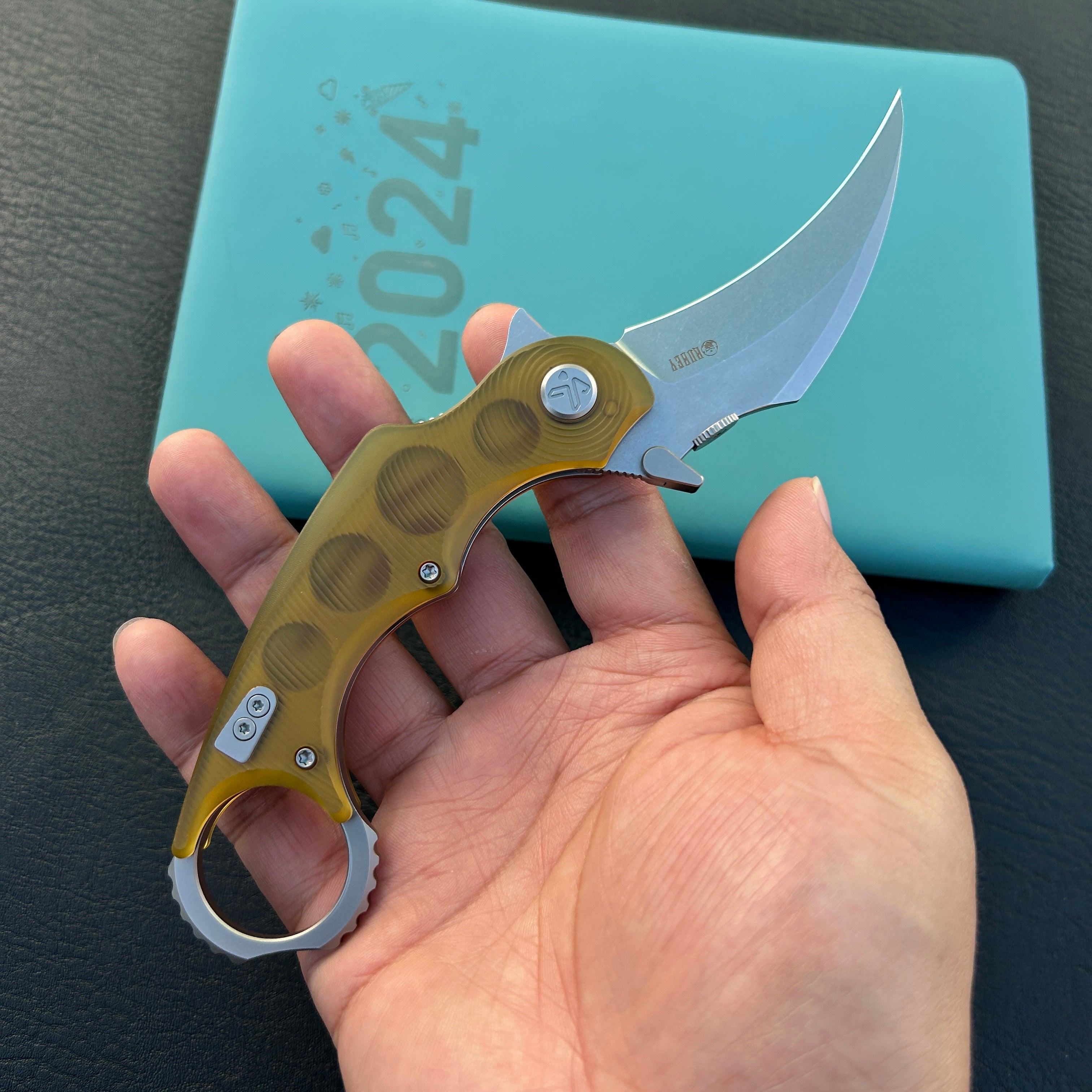 KUBEY KU298G Rogue Recurve Karambit Folding Knife  Ultem Handle 2.91" Stonewash 14C28N Blade