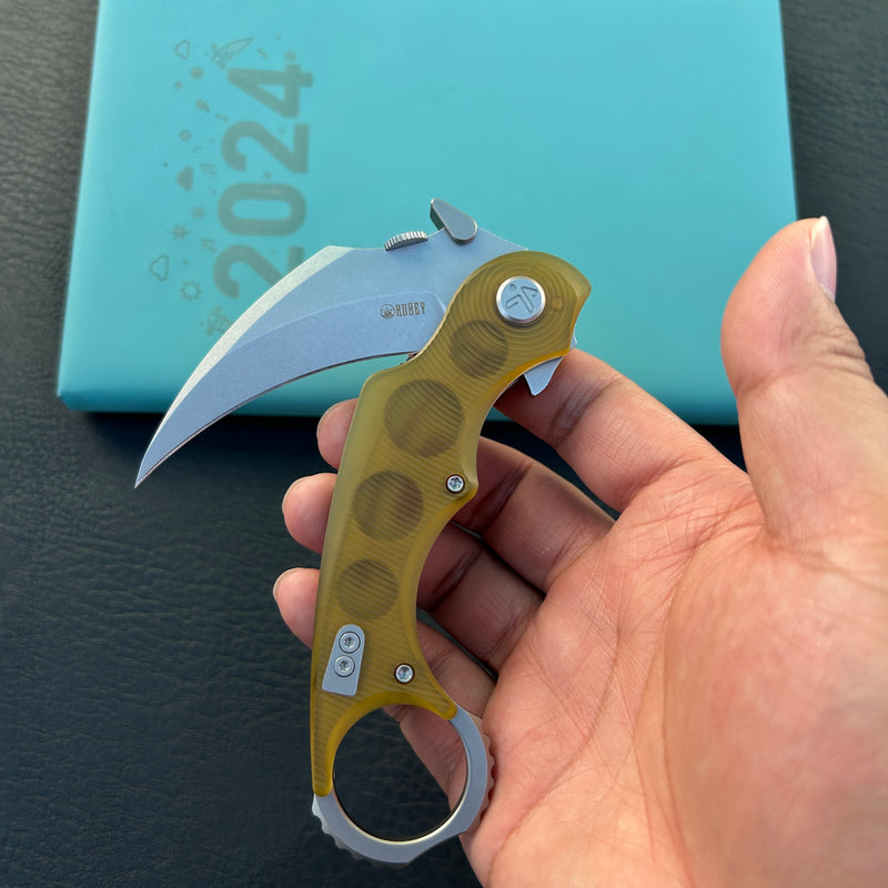 KUBEY KU298G Rogue Recurve Karambit Folding Knife  Ultem Handle 2.91" Stonewash 14C28N Blade