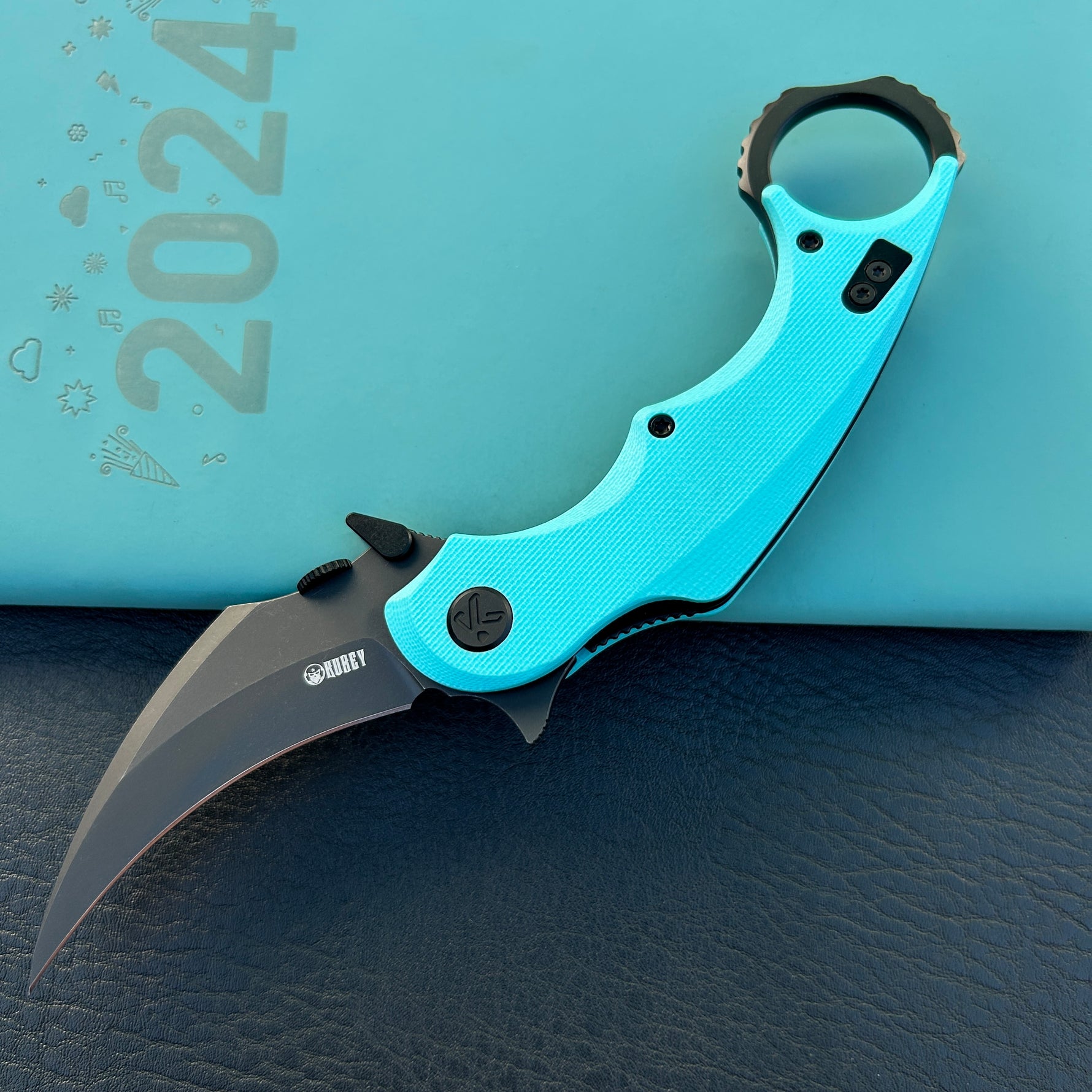 KUBEY knife KU298D Rogue Recurve Karambit Folding Knife Tiffany Blue G10 Handle 2.91" Blackwash 14C28N Blade