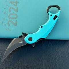 KUBEY KU298D Rogue Recurve Karambit Folding Knife Tiffany Blue G10 Handle 2.91" Blackwash 14C28N Blade