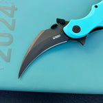 KUBEY knife KU298D Rogue Recurve Karambit Folding Knife Tiffany Blue G10 Handle 2.91" Blackwash 14C28N Blade