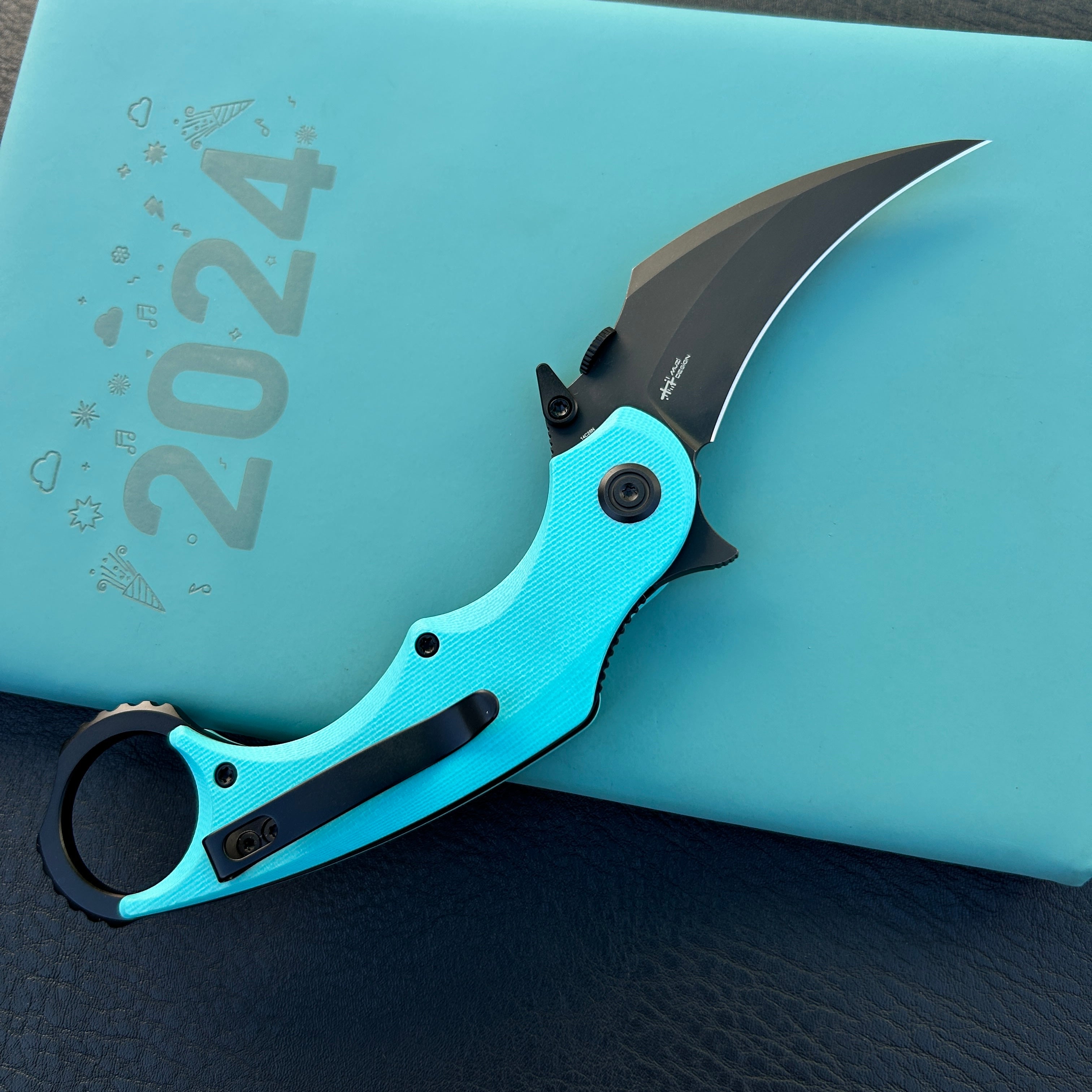 KUBEY KU298D Rogue Recurve Karambit Folding Knife Tiffany Blue G10 Handle 2.91" Blackwash 14C28N Blade