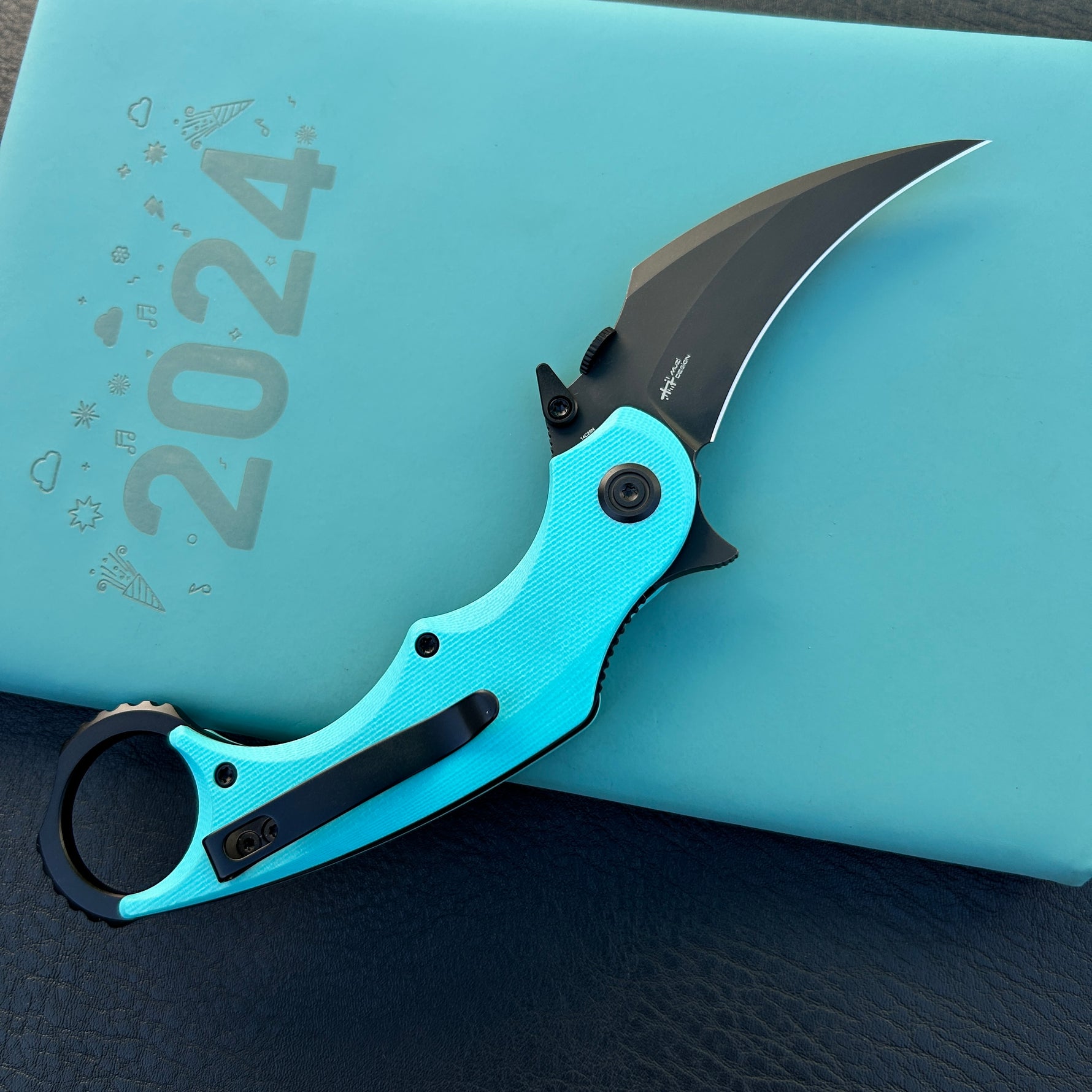 KUBEY knife KU298D Rogue Recurve Karambit Folding Knife Tiffany Blue G10 Handle 2.91" Blackwash 14C28N Blade