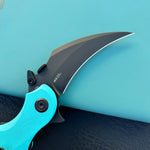KUBEY knife KU298D Rogue Recurve Karambit Folding Knife Tiffany Blue G10 Handle 2.91" Blackwash 14C28N Blade