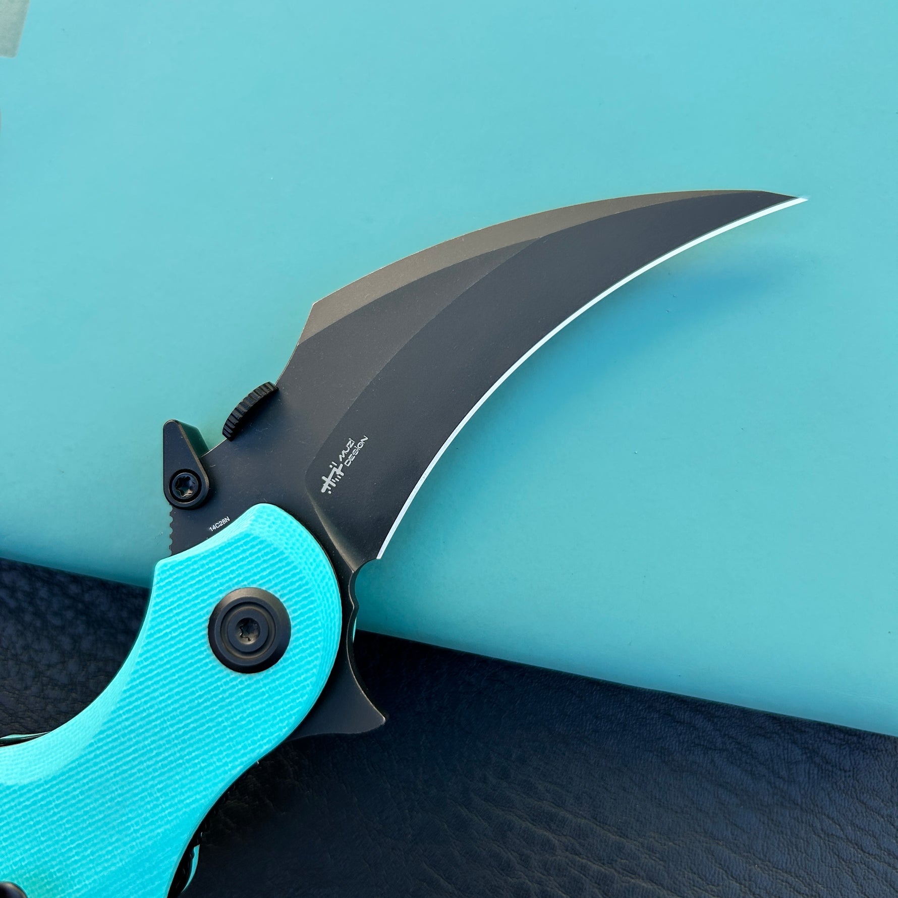 KUBEY knife KU298D Rogue Recurve Karambit Folding Knife Tiffany Blue G10 Handle 2.91" Blackwash 14C28N Blade