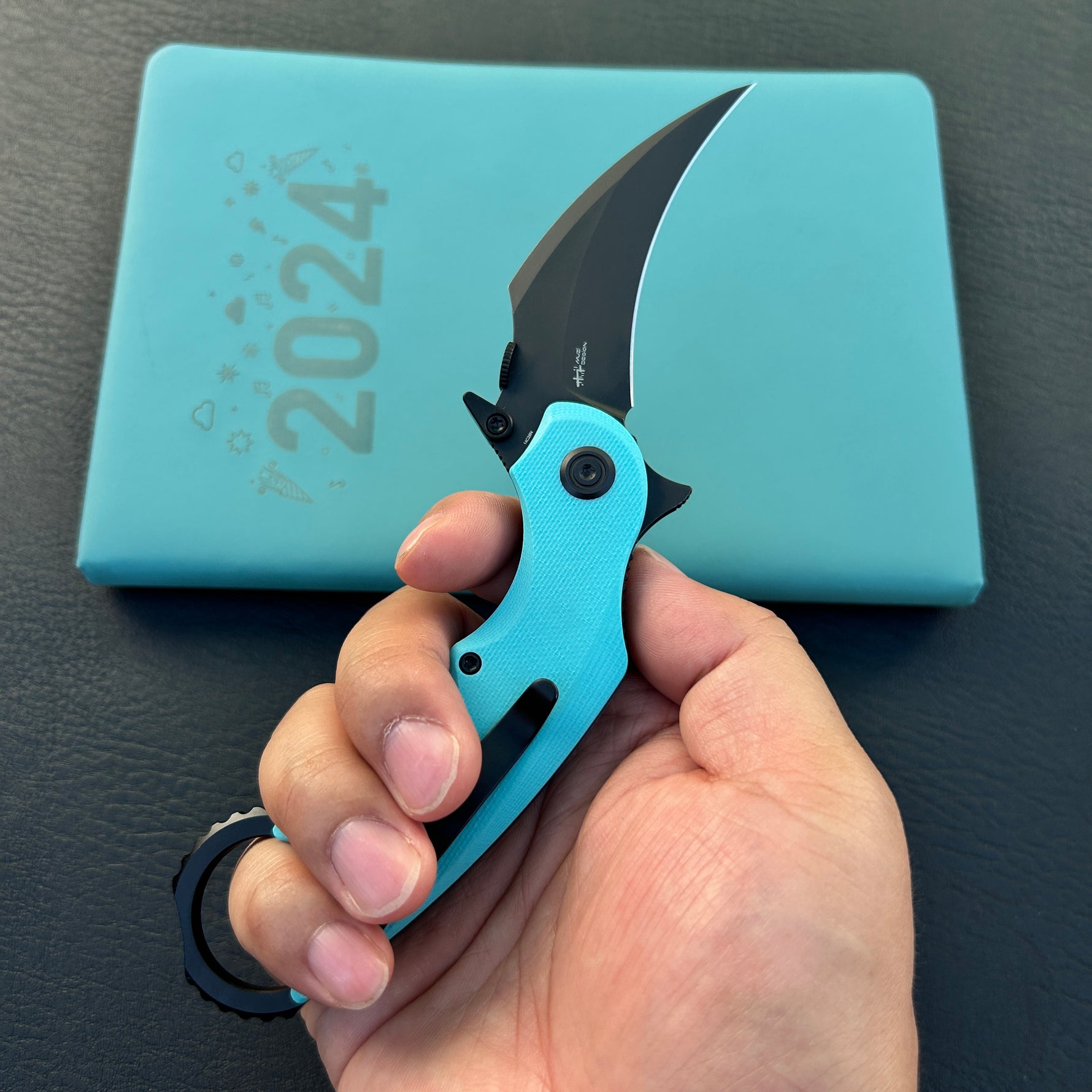 KUBEY knife KU298D Rogue Recurve Karambit Folding Knife Tiffany Blue G10 Handle 2.91" Blackwash 14C28N Blade
