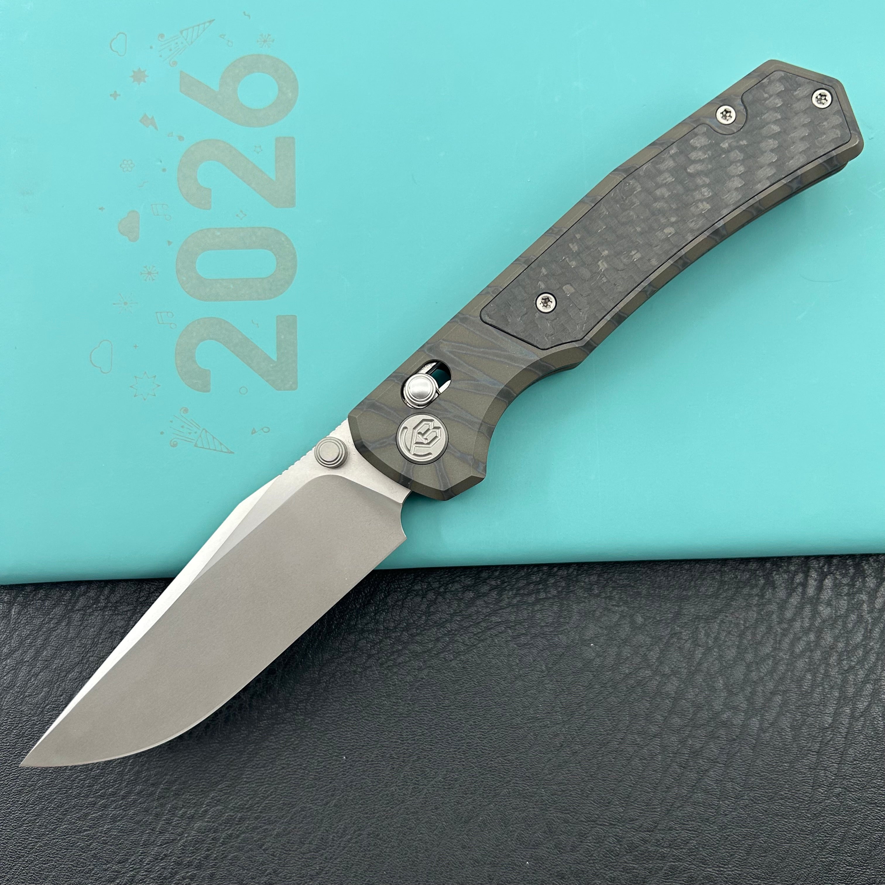 KB KNIVES KB427B Lynx Folding Knife Flame Ano Titanium with Wave CF Inlay Handle 3.54'' Bead Blasting M390