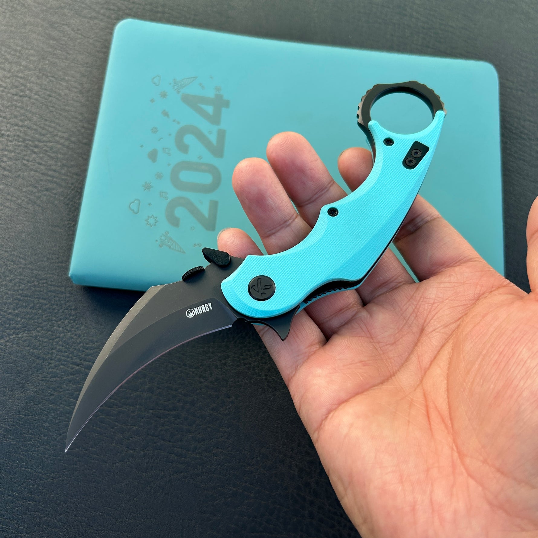 KUBEY knife KU298D Rogue Recurve Karambit Folding Knife Tiffany Blue G10 Handle 2.91" Blackwash 14C28N Blade