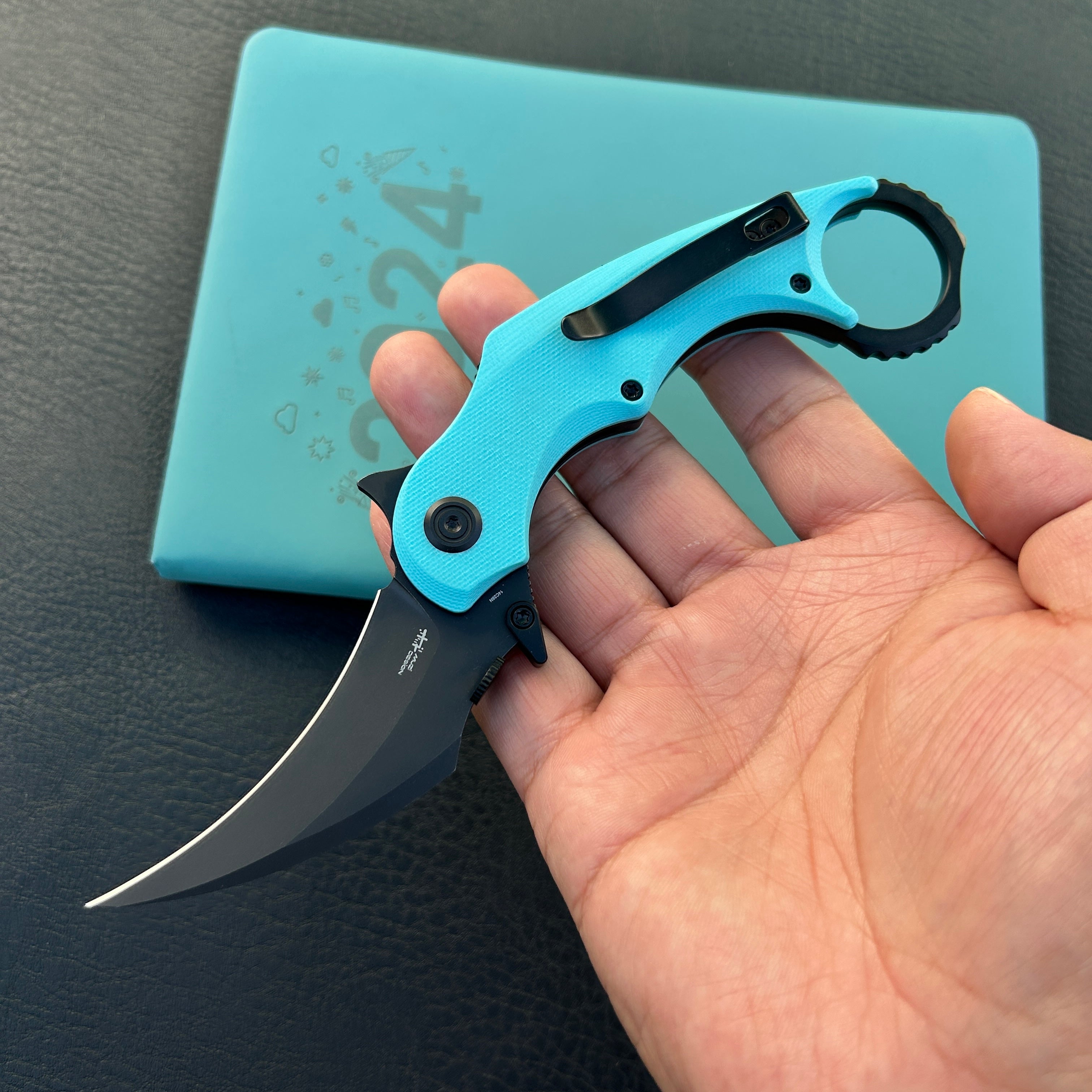 KUBEY KU298D Rogue Recurve Karambit Folding Knife Tiffany Blue G10 Handle 2.91" Blackwash 14C28N Blade