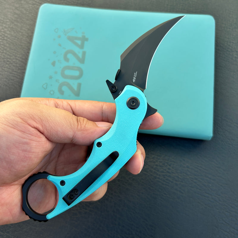 KUBEY KU298D Rogue Recurve Karambit Folding Knife Tiffany Blue G10 Handle 2.91" Blackwash 14C28N Blade