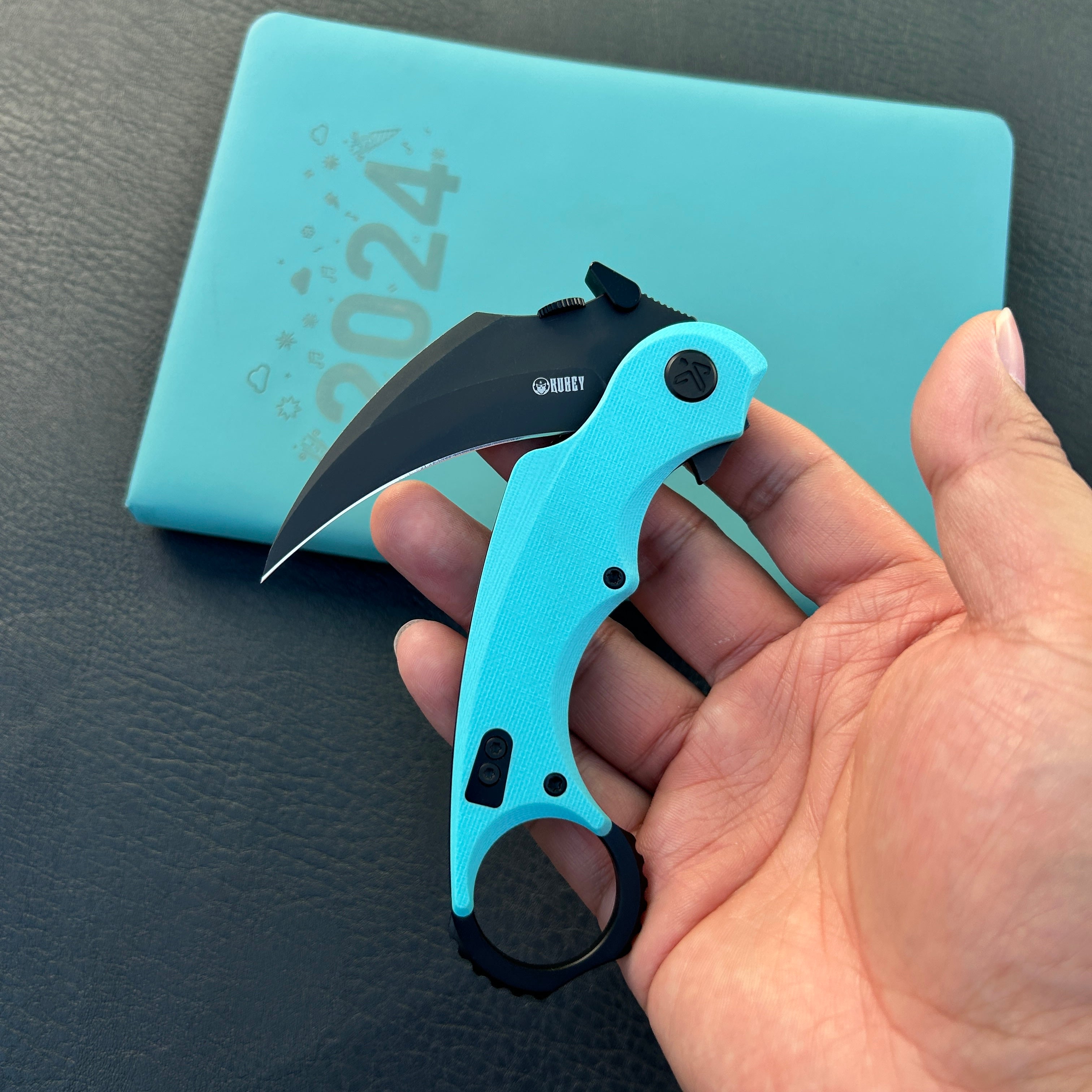 KUBEY KU298D Rogue Recurve Karambit Folding Knife Tiffany Blue G10 Handle 2.91" Blackwash 14C28N Blade