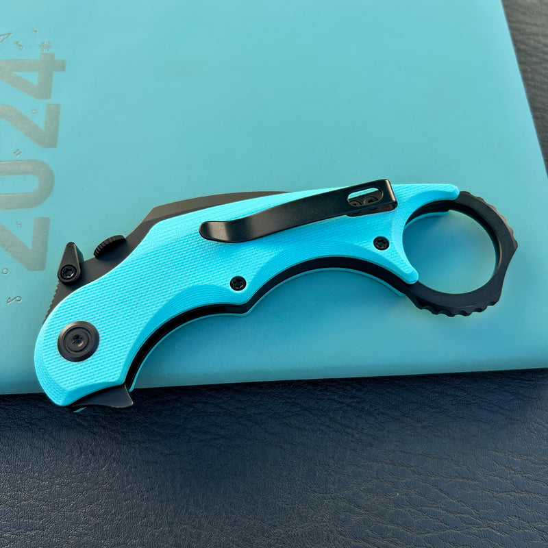 KUBEY KU298D Rogue Recurve Karambit Folding Knife Tiffany Blue G10 Handle 2.91" Blackwash 14C28N Blade