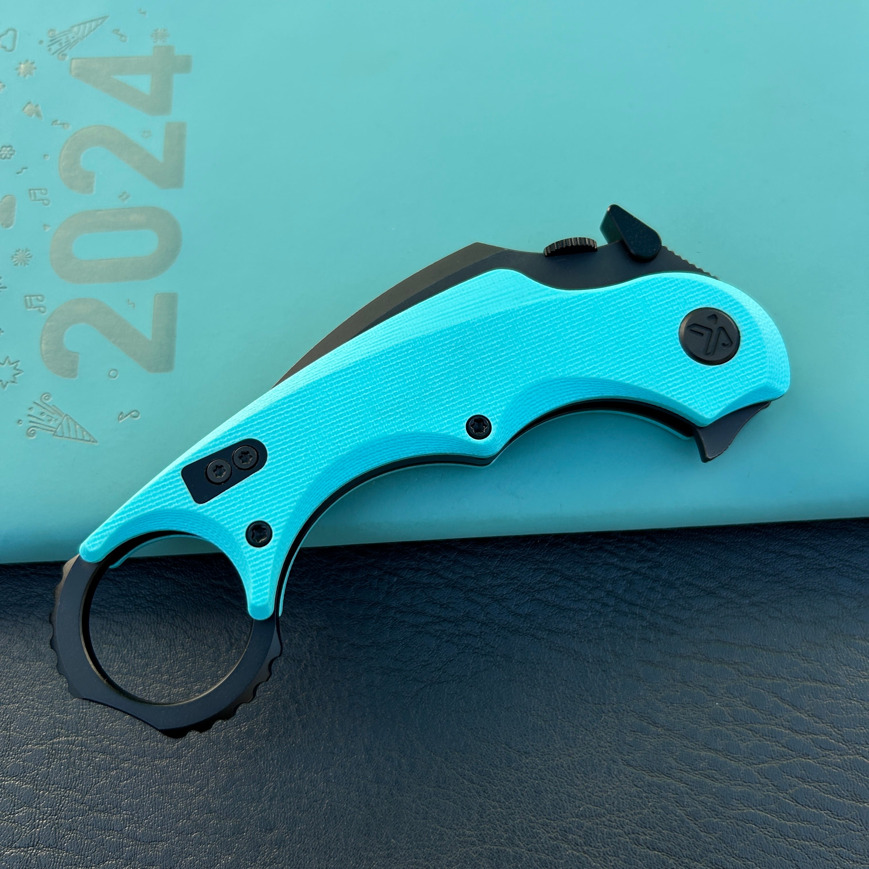 KUBEY KU298D Rogue Recurve Karambit Folding Knife Tiffany Blue G10 Handle 2.91" Blackwash 14C28N Blade