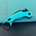 KUBEY knife KU298D Rogue Recurve Karambit Folding Knife Tiffany Blue G10 Handle 2.91" Blackwash 14C28N Blade