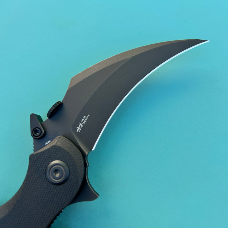 KUBEY KU298B  Rogue Recurve Karambit Folding Knife Black G10 Handle 2.91" Blackwash 14C28N Blade